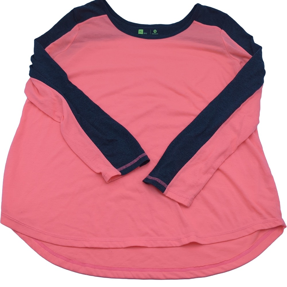 Xersion Womens XL Long Sleeve Activewear Top Coral Pink Gray Raglan Curved Hem